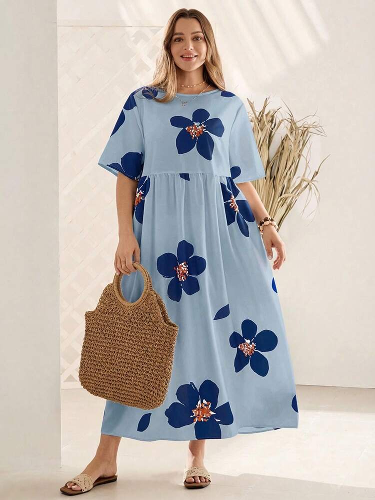 Plus Size Women Summer Casual Floral Print Short Sleeve Loose Dress Summer Dress Summer Outfits For Women Spring Clothing Spring Outfit Beach Outfits For Women Vacation Outfits Women Summer Holiday Outfits Country Style For Women Summer Dresses For Women Spring Dress Women Beach Dress Holiday Dresses Country Dress Floral Dress