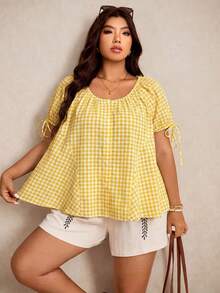Elaquor Plus Size Women Plaid Round Neck Casual Versatile Daily Wear Short Sleeve Shirt - Yellow - View 8