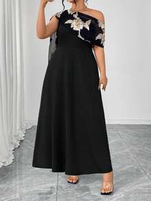 Elenzga Plus Size Women Elegant Fashion, Mesh Jacquard Fabric, Patchwork, Cape Knit Dress - Black - View 7