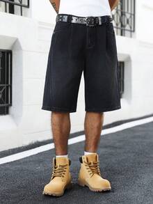 Manfinity EMRG 男士街头时尚奢华通勤折叠设计黑色牛仔短裤 - 黑色 - 查看 2