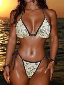 Swim SXY 2 pièces Ensemble de bikini avec Top à encolure ras-du-cou en dentelle et sequins, avec string. Décoré de perles dégradées. Look sexy et avant-gardiste pour la plage et les fêtes pour femmes - Jaune clair - Voir 2