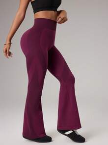 Dewbera Pantalones de yoga sin costuras acampanados, mallas deportivas, ajustados y con pierna acampanada, pantalones deportivos de moda - Burdeos - Ver 6
