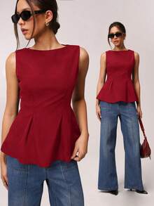 SHEIN Forever 21 Spring & Summer Women Valentine Day Sleeveless A Line Solid Color Top - Red - View 8