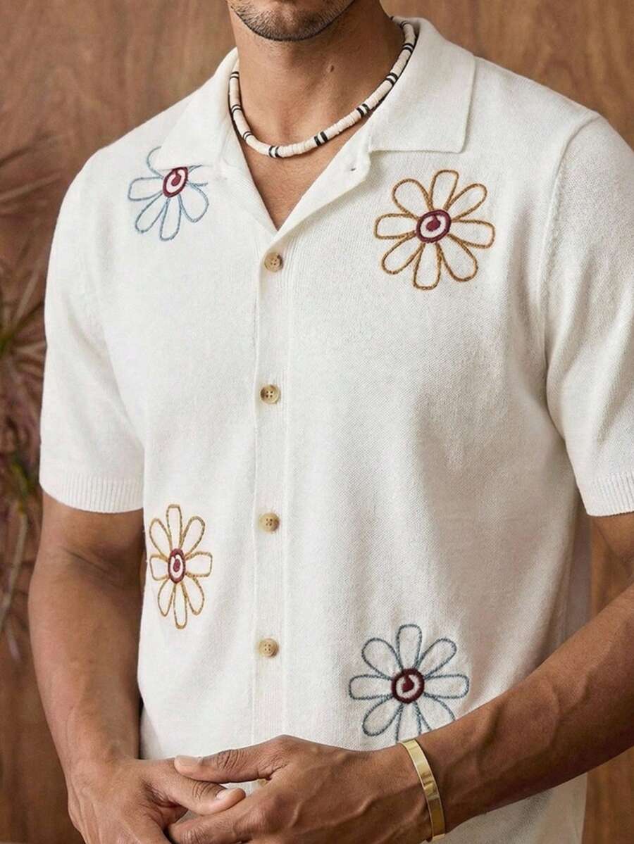 Manfinity VCAY Men's Knit Polo Collar Short Sleeve Cardigan,White Floral Embroidered Single-Breasted Button Down Shirt,Summer Boho Vacation Holiday Retro Beach Top