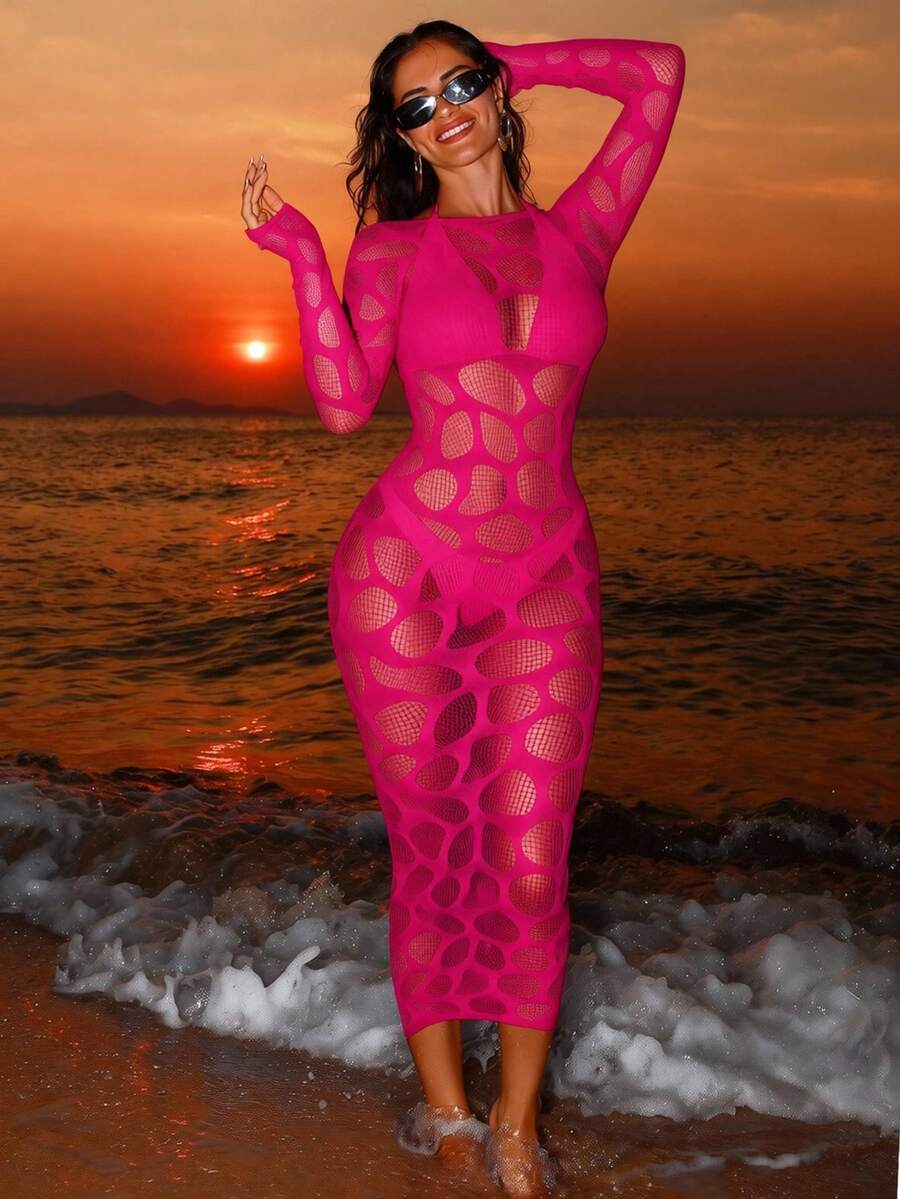 Sirith Đầm ôm sát tay dài cổ tròn dệt kim mới mùa Xuân/Hè, đầm lưới khoét hở gợi cảm, đầm nữ thanh lịch. - Màu Hồng Tươi - Xem 1