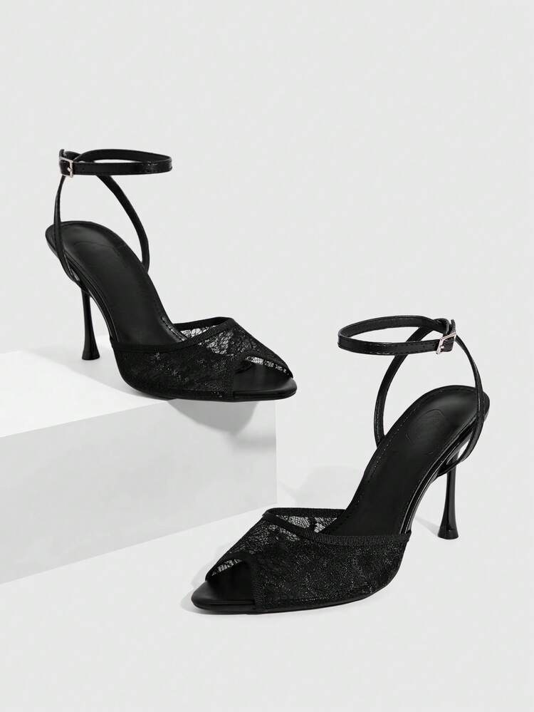 CUCCOO SZL Women Shoes Square Toe Slender Heel Black Lace Mesh Ankle Strap Sexy Fashion With Skirt Banquet Party Ladies High Heel Open Toe Ladies High Heel Sandals