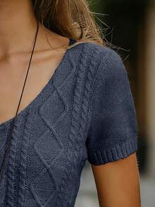 SHEIN Blusa de punto ajustada con cuello en V y manga corta, estilo casual en color albaricoque con detalle de trenza, uso diario minimalista - Azul Marino - Ver 6