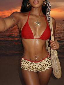 Vaytide Summer Beach Drawstring Halter Triangle Bikini Top - Red - View 5