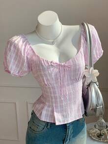 SHEIN Comfortcana Women's Summer Floral Print Petal Sleeve Blouse With Bow Decor, Countryside Vacation Style Tops For Women Summer Cute Cute Blouses Babydoll Tops,Summer Top - Mauve Purple - View 8