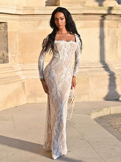 Mima John 女士秋冬性感 S 形蕾丝长袖罩杯紧身及地长连衣裙，适合派对、约会之夜、晚会