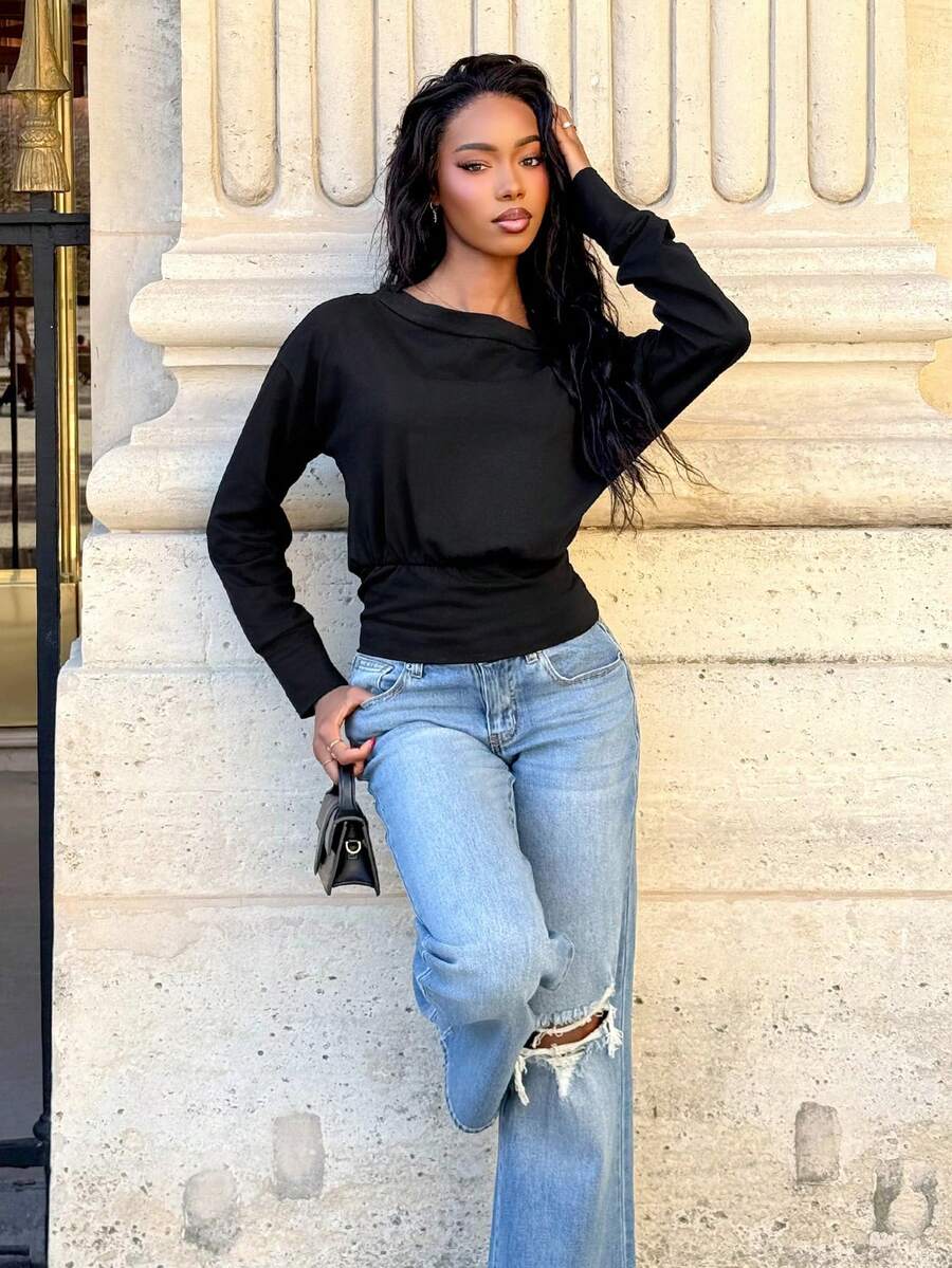 Mima John Áo dài tay dáng suông vai lệch Aloruh Elegant 95% cotton, màu đen, kiểu dáng đa năng, thích hợp cho mùa thu; đơn giản, thời trang; ấm áp, sang trọng. - màu đen - Xem 1