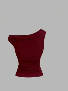 Elenzga 大码不对称领修身T恤，百搭休闲上衣，春夏款 - 酒紅色 - 查看 4