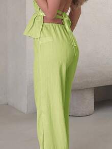 Jemour French Style Loose Solid Color Drawstring Halter Top And Relaxed Wide Leg Pants Two Pieces Set For Women - Green - View 3