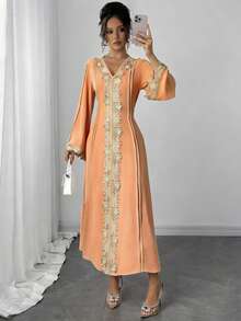 Rafferiza 女士宽松V领荷叶边长袖长袍，土耳其长袍，阿拉伯长袍 - 西瓜粉 - 查看 4