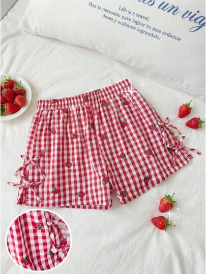 Tween Girls' Summer Casual Plaid Strawberry Embroidery Drawstring Shorts Strawberry Shorts Checkered Shorts Red Checkered Shorts Girls Checkered Shorts Cute Shorts