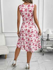 SHEIN Clasi Women's Floral Print Ruched Waist Elegant Midi Dress, Suitable For Dates And Parties,Red Dress - Red - View 2