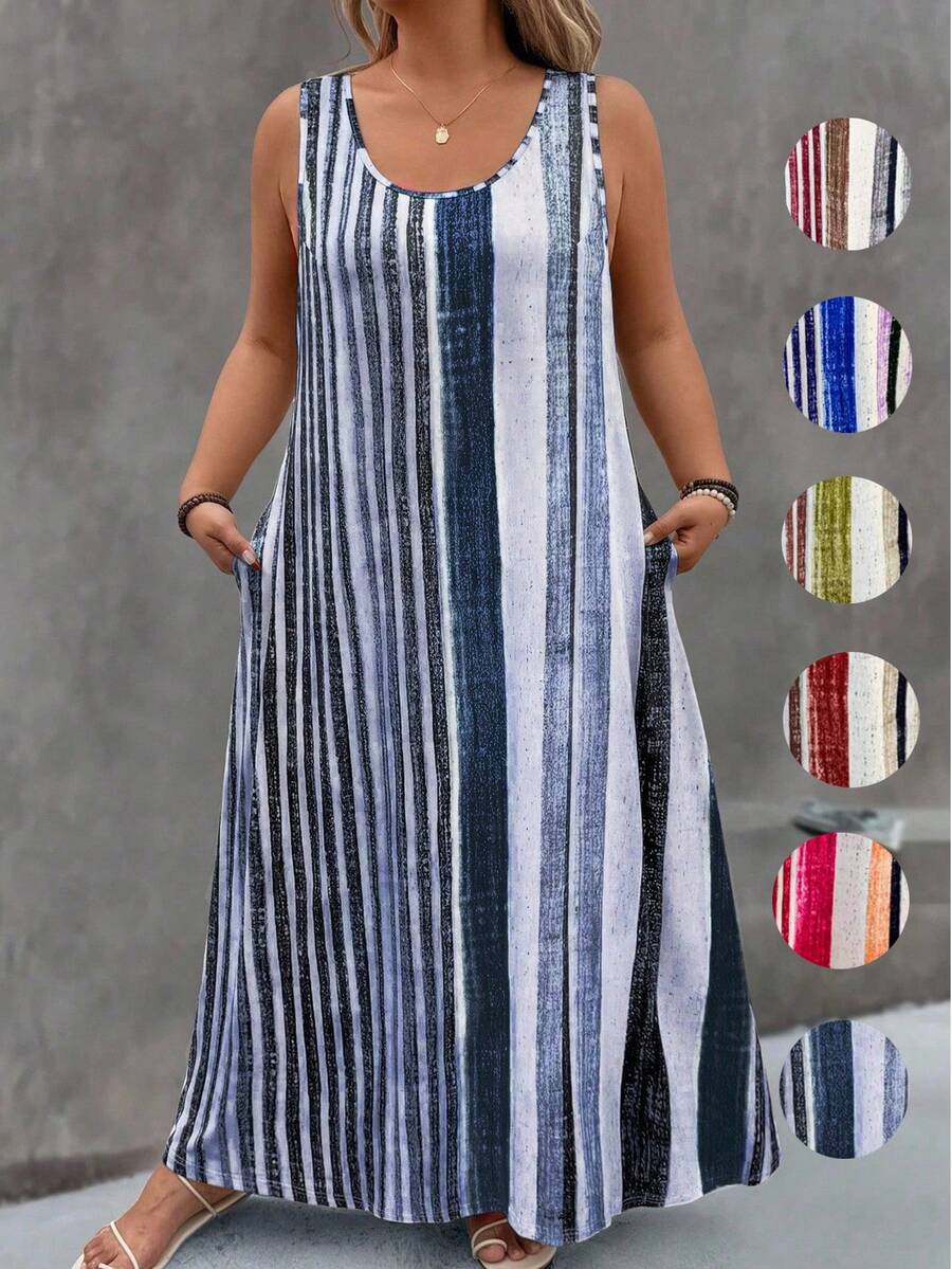 EMERY ROSE 大码休闲印花口袋圆领无袖连衣裙 - 彩色 - 查看 1