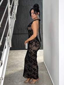 Vassilux Black Flocked Draped Neck Tie-Up Long Dress For Women, Autumn/Winter, Suitable For Christmas, Bridesmaid Dress, Wedding Season Lace Maxi Dress Long Black Dress Formal Cruise Dinner Dress Party - Black - View 3