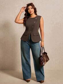 Elaquor Chaleco de mujer de unicolor con cuello oblicuo, ropa de oficina, top marrón, conjunto elegante de oficina, chaleco sin mangas con cuello oblicuo y elegante para mujeres, atuendos casuales de mujer, blusas de trabajo de mujer, ropa de trabajo de mujer para la oficina, blazer para mujer - Café integral - Ver 3