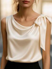 Ellegaria. Áo sơ mi satin mùa hè cho nữ, áo sơ mi nữ thường ngày, áo sơ mi thắt nơ mới, áo sơ mi cổ bèo mới, áo sơ mi thanh lịch cho nữ, áo sơ mi nữ thường ngày năng động, áo sơ mi không tay thắt nơ màu mơ mùa xuân/hè mới - Màu be - Xem 5