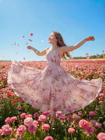 SHEIN MOD Plus Size Women's Mesh Patchwork Flared Dress, Butterfly Print, Spaghetti Strap Sundress, Floral Gown, Garden Party Dress, Spring Elegant Dresses, Floral Formal Dress, Cherry Blossom Dress