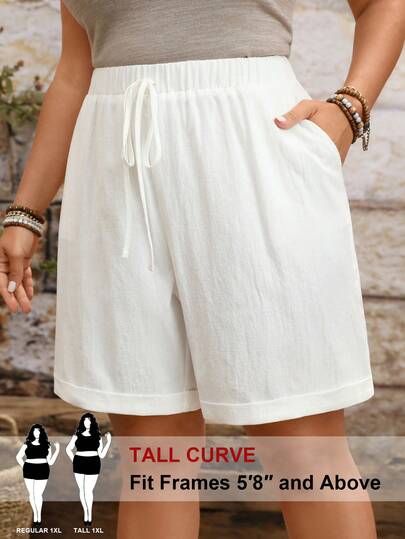 SHEIN Tall CURVE Quần short nữ màu trơn, có dây rút và túi ở eo, thích hợp mặc mùa hè.