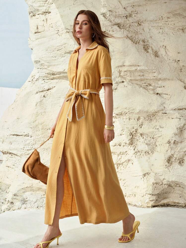 LINEN BLENDED SHORT SLEEVE BELTED SHIRT DRESS, SPRING/SUMMER VACATION