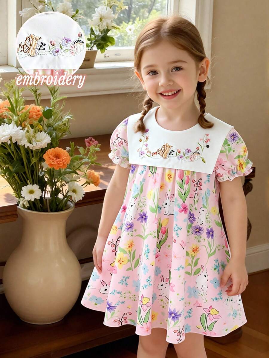 Elladie kids 女童春夏休闲可爱新款连衣裙,正面饰有可爱的刺绣兔子图案,白色梭织面料印有可爱的兔子图案,短泡泡袖,圆领设计,适合可爱、俏皮、优雅的女童日常休闲穿着,也适合日常上学、郊游、度假、派对、拍照等场合。春夏休闲连衣裙,女童连衣裙,儿童服装,女童夏季服装。柔软舒适。 - 粉色 - 查看 1
