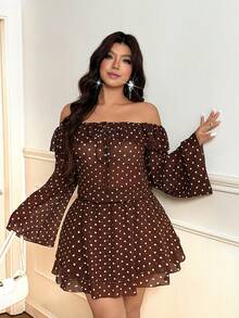 Vionelle Plus Size Sexy Off Shoulder Polka Dot Bow Tie Dress Fall - Brown - View 2
