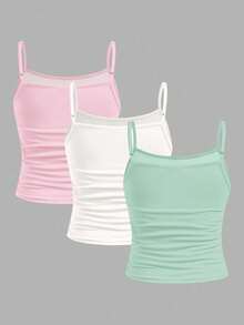 Tween Girl 3-Piece Set Cute Blush Pink Summer Vacation Holiday Tropical Floral Hibiscus Shell Print Fitted Casual Sports Racerback Crop Tank Tops - Multicolor - View 2