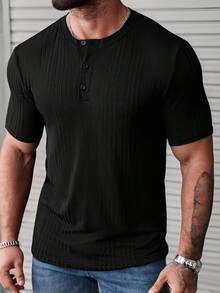Manfinity CasualCool 男士休闲日常通勤纯色罗纹针织短袖半扣开衫T恤，夏季 - 黑色 - 查看 6