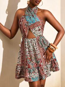 BamGleam Beige Summer Boho Vacation Holiday Women's Long Dress,Halter Neck Criss-Cross Tie Bohemian Style Beach Casual Digital Print Multi-Color Long Dress - Multicolor - View 3