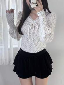 FRIFUL Áo thun dài tay nữ in chấm bi, thắt nơ phía trước - trắng - Xem 3