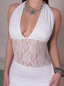 Duda Rubert 1 chiếc váy dự tiệc bó sát eo phối ren cổ chữ V sâu dành cho nữ, mùa xuân/hè - trắng - Xem 4