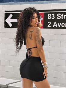 StreetHx Women's Punk Rock Rivet Deep V-Neck Backless Bodycon Mini Dress - Black - View 2