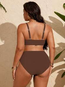 SHEIN Swim Curve Women's Summer Black Halter Bikini Top And High Waist Shorts Swimsuit Set - Brown - View 2