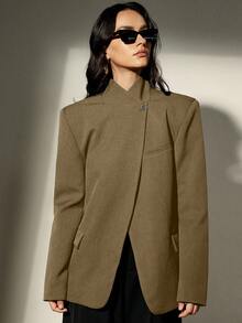 Aveloria Modichic Stand Collar Oblique Lapel Blazer, Crafting A High-End Business Look - Khaki - View 4