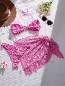 Bonvoyette Pink Summer Casual Beach Vacation Holiday Women's 3 Piece Outfit,Solid Color Metal Decor Halter Neck Bikini Set With Tie-Front Skirt Festival Sets - Pink - View 4