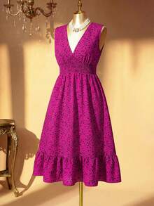 Rometta Váy suông không tay xếp ly cỡ lớn họa tiết hoa đơn giản có phần eo chun và viền bèo nhún trang trí - Nhiều màu - Xem 4