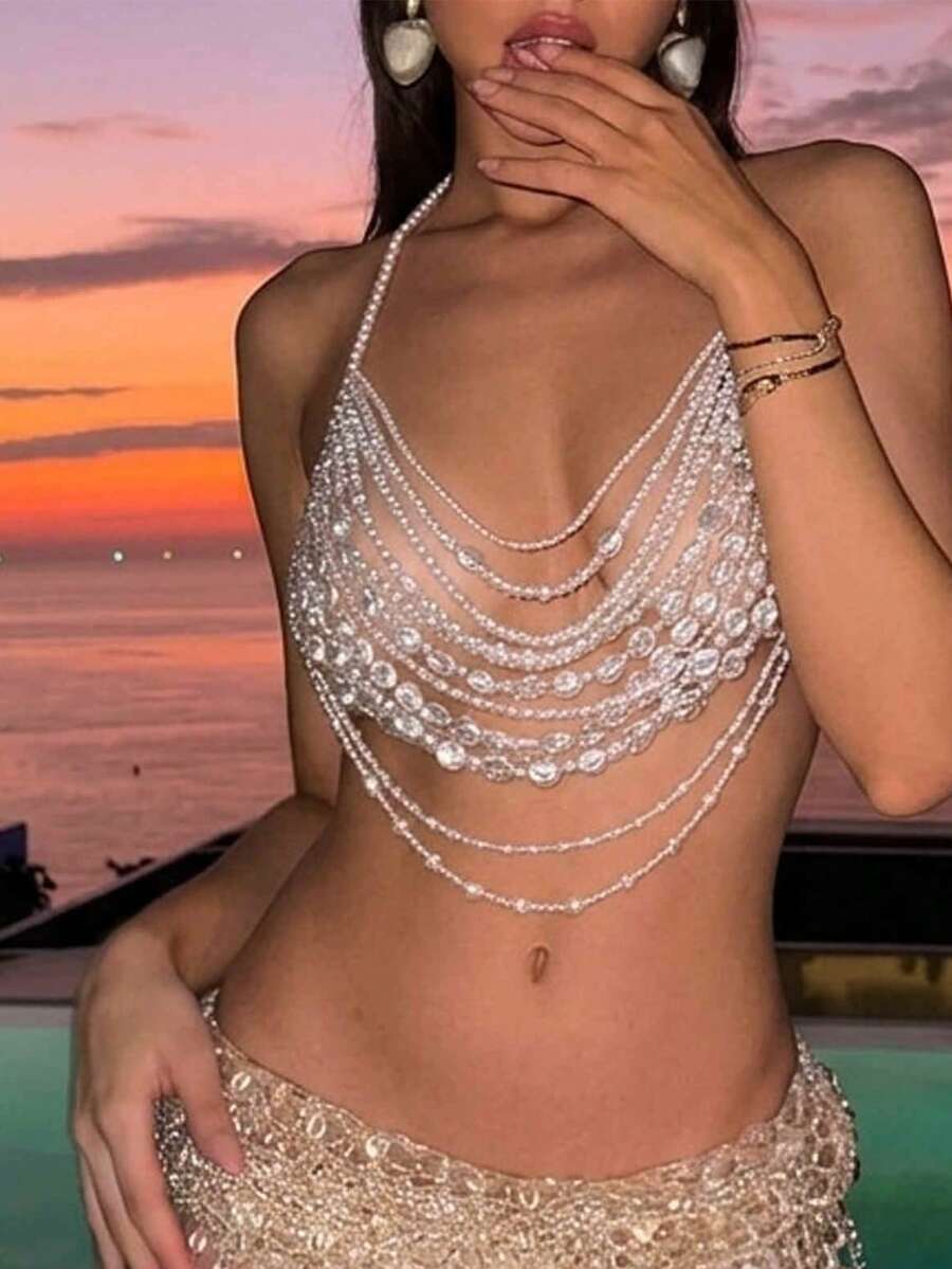 Vacation Beach Sexy Beaded Chain Backless Halter Top,Summer Top - White - View 1