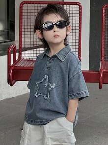 Dazy Kids 幼儿男童宽松休闲牛仔T恤，星形图案，夏季 - 藍色 - 查看 3