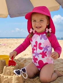 SHEIN Bộ 2 món đồ bơi dài tay chống nắng phối màu họa tiết hoa cho bé gái, kèm mũ. - Màu Hồng Tươi - Xem 6