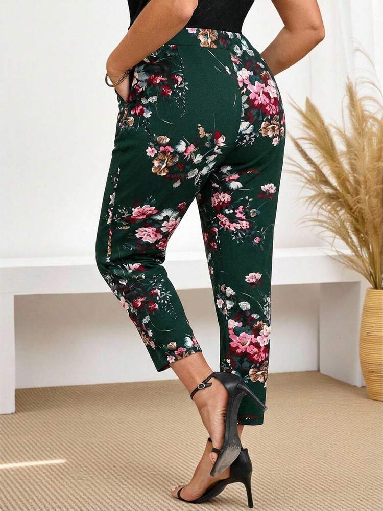 Plus Size Women Floral Print Elastic Waist Side Pocket Ankle Pants, Vacation Style, Simple And Fashion Style, Suitable For Summer,Casual Holiday Style, Casual Holiday Outfits, Summer Fashion, Women's Summer Outfits, Mother's Day Outfits, Country Concert Outfits, Women's Boho Outfits, Women's Western Outfits, Women's Holiday Outfits, Women Summer Clothing Women Plus Clothing Business Casual Woman S Summer Clothes Women Plus Clothing Formal