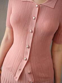 MOTF PREMIUM WOMEN'S BUTTON UP SHORT SLEEVE SWEATER, SPRING/SUMMER - Khaki - View 2