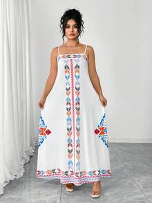 Elenzga Vestido largo elegante con estampado y tirantes cruzados para mujer de talla grande - Multicolor - Ver 5