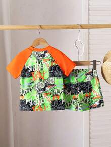 Young Boys Monster Truck Print Swimsuit Set,Cartoon Car Quick-Drying Swimwear,Raglan Sleeve Top & All-Over Print Shorts,Children's Summer Beach Outfit - Multicolor - View 2