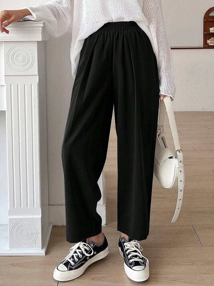 Women's Solid Color Elastic Waist Casual Pleated Pants