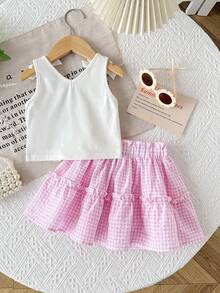 SHEIN Baby Mädchen Baby Mädchen Spaghetti-Träger Schleife Dekor gestricktes Tanktop mit kariertem Rock, lässig bequem für Sommer, Landleben, Urlaub - Babypink - Übersicht 2