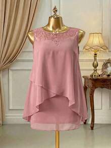 Rometta Vestido De Talla Grande Para Mujer Con Parches De Diferentes Telas En El Dobladillo Asimétrico Con Cuello Redondo Sin Mangas Y Adornos De Volantes - Rosa - Ver 3