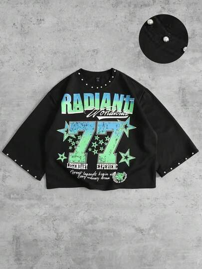 ROMWE MEN Street Life Áo thun nam dáng rộng in họa tiết, đính đinh tán, tay lỡ 3/4.